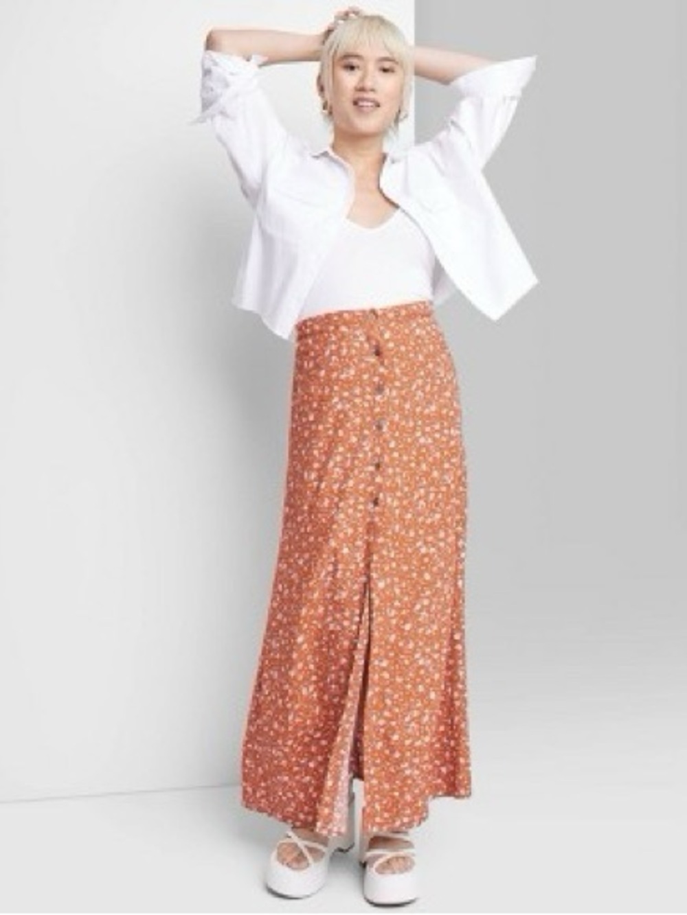 Wild Fable Rust Floral Button Front Midi Skirt Boho Cottagecore XXL